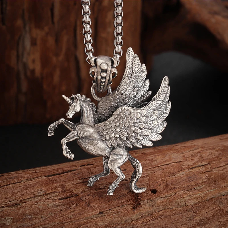 Jewelry Vintage Silver Color Pegasus Unicorn Mythical Pendant Horse Necklace