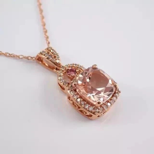 Cushion Cut Simulated Peach Morganite Pendant With Chain In 14k Rose Gold Plated
