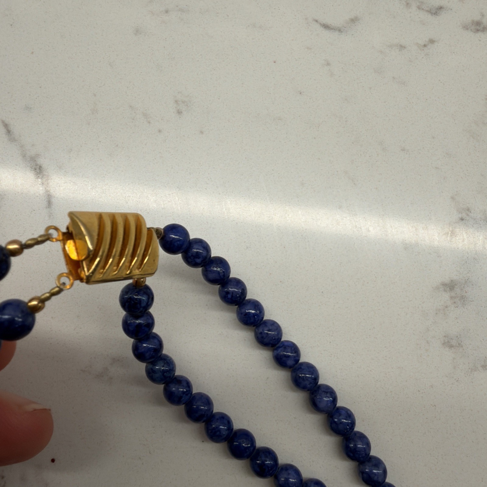 Lapis Lazuli Blue Beaded Necklace w/ Gold Tone Accents & Hook Clasp