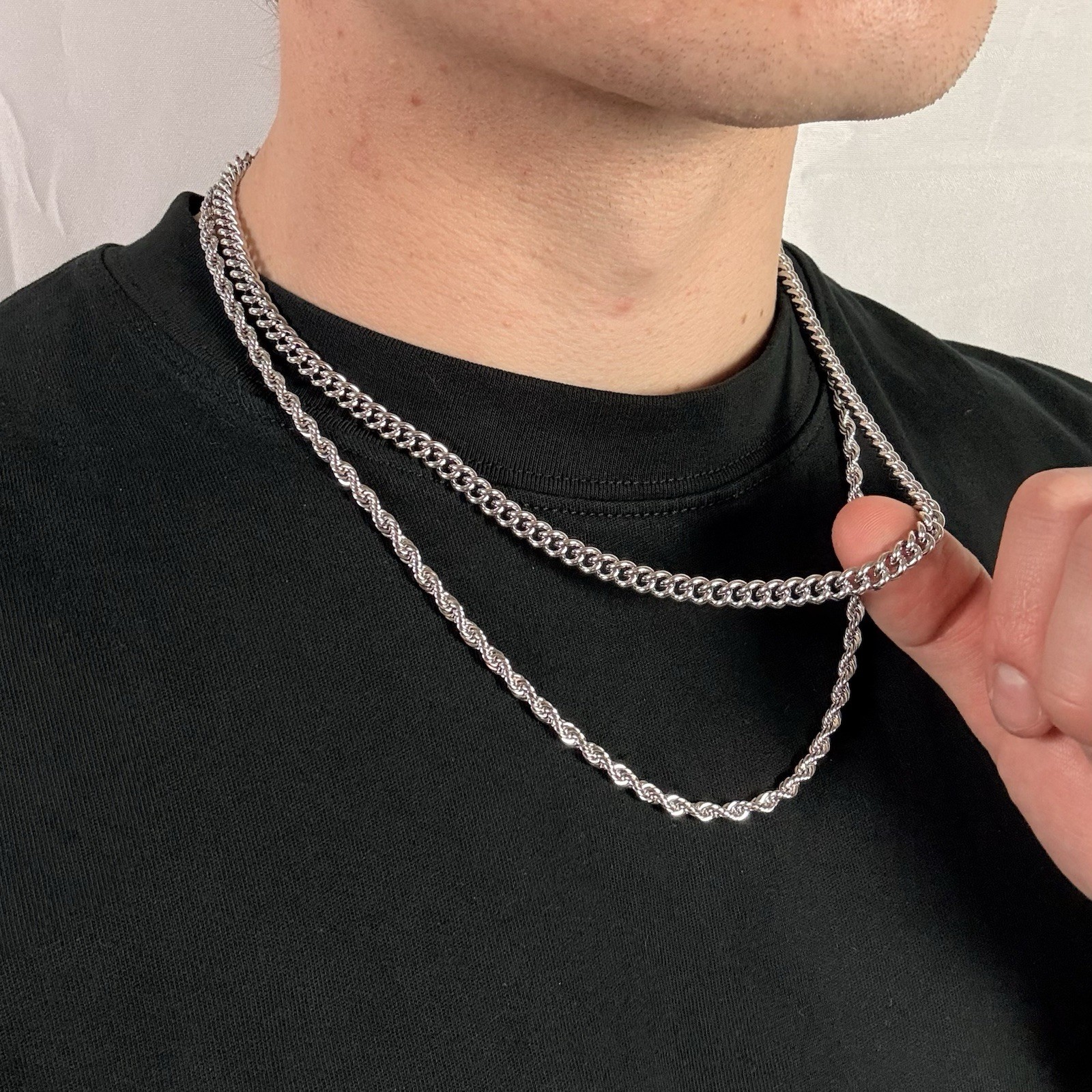 Silver Necklace Set 316L Surgical Stainless Steel 6mm 20” Curb & 4mm 22” Rope