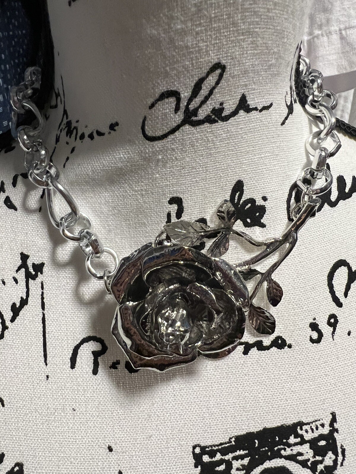 Zara Rose Flower Necklace Choker Chunky Silver Boho Statement Chain Retro VTG