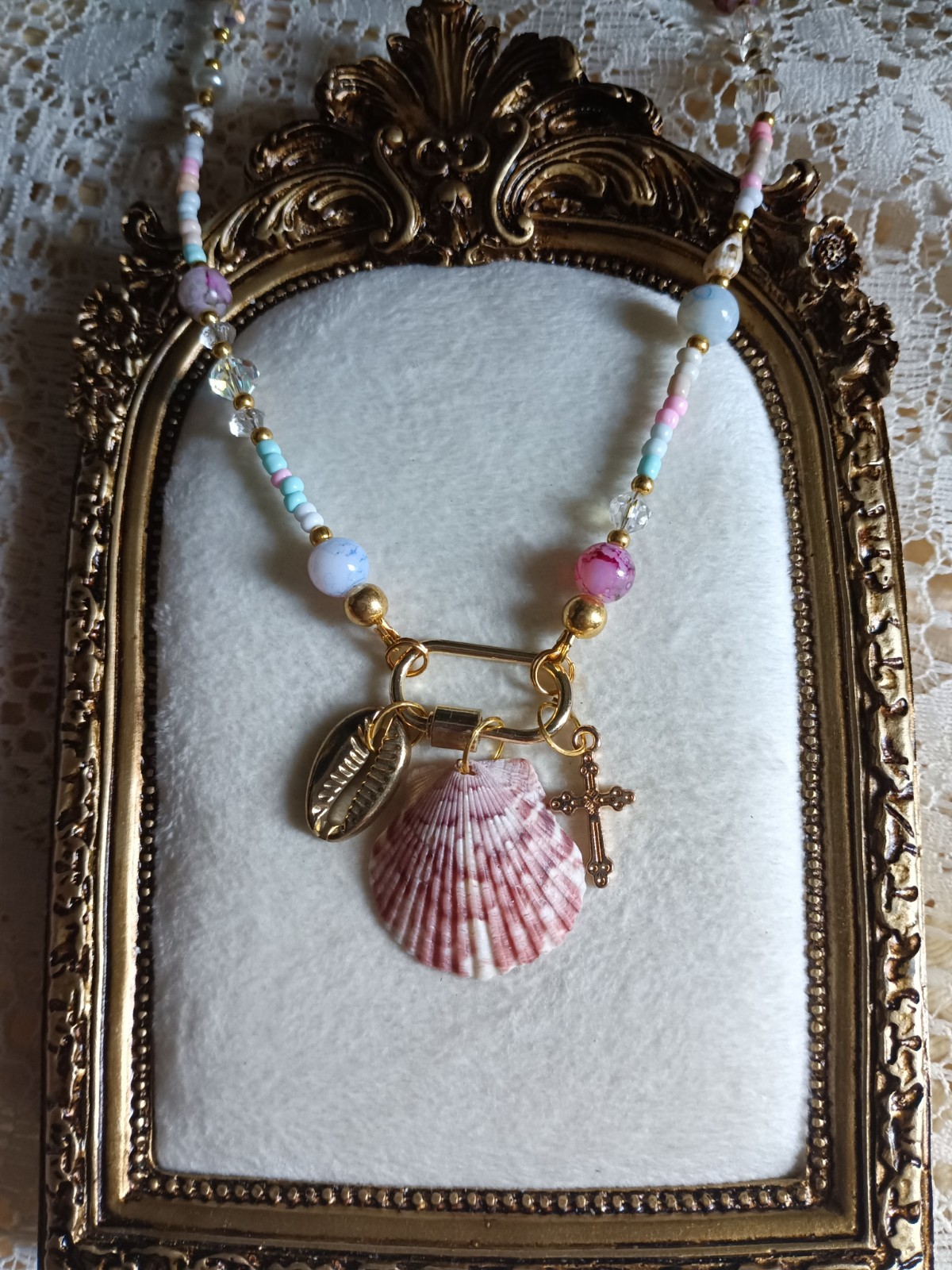 Handmade Beaded Ball/Bead Chain Necklace Pink Shell Pendant Cross Charm Beach