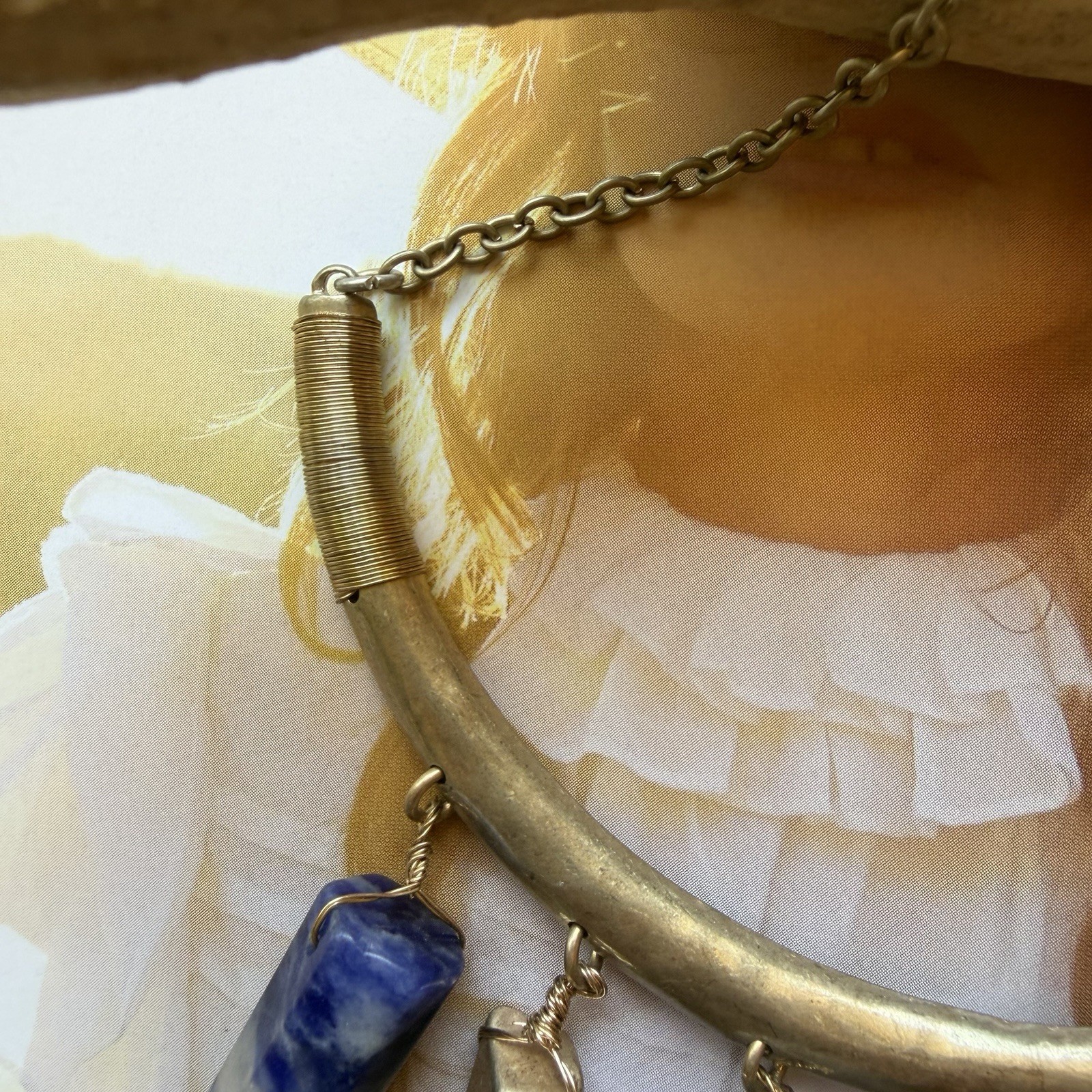 Blue Style Sodalite Crystal Point Fringe Statement Necklace Bronze Tone Boho