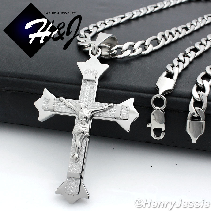 18-40″MEN Stainless Steel 8mm Silver Figaro Link Chain Necklace Cross Pendant*MJ