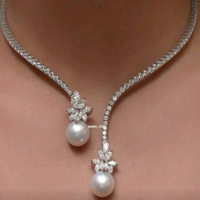 Valentine Simulated Diamond Luxury Party Wear Pearl Lariat 18″ Necklace 925 SS