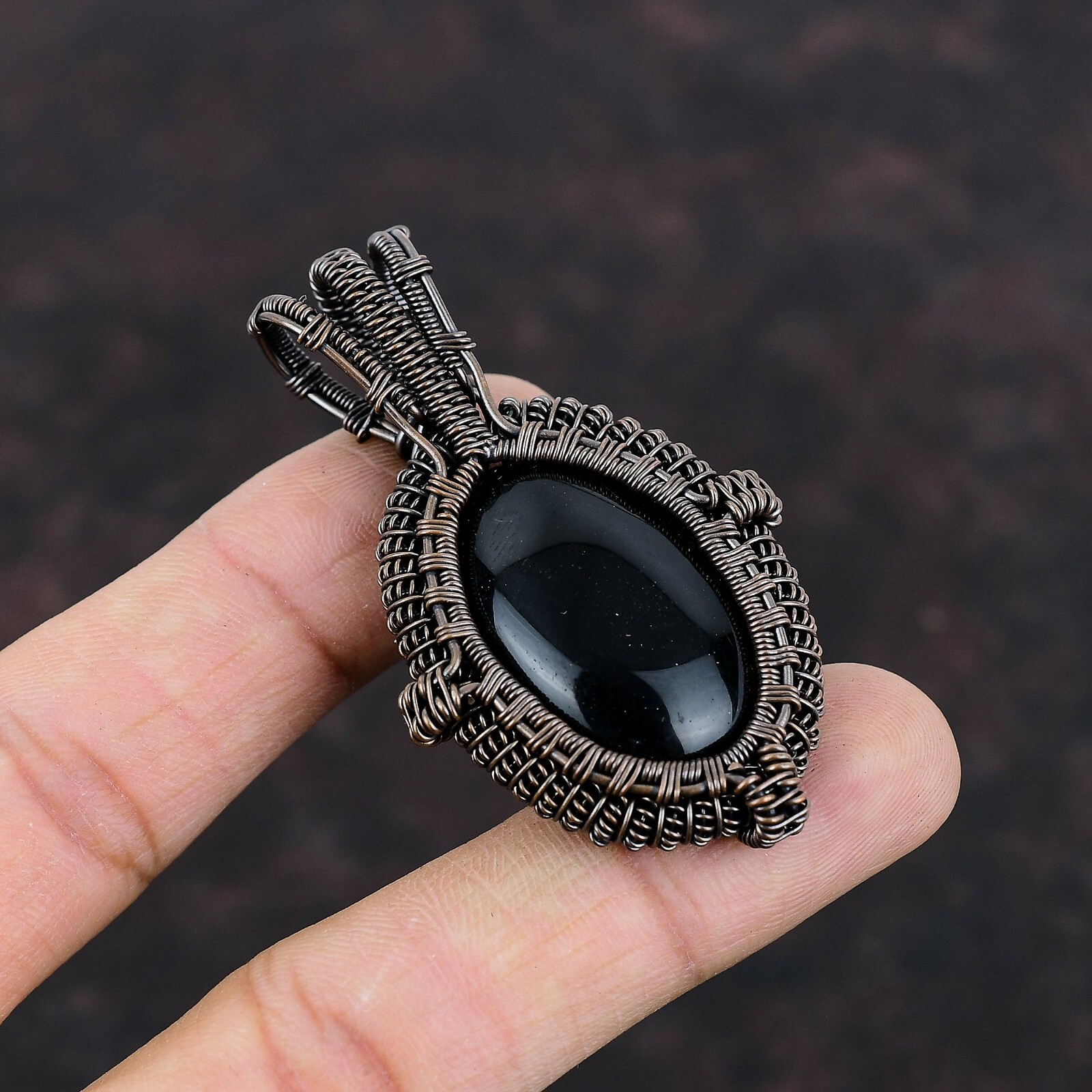 Black Onyx Gemstone Jewelry Copper Gift For Mum Wire Wrapped Pendant 2.44″
