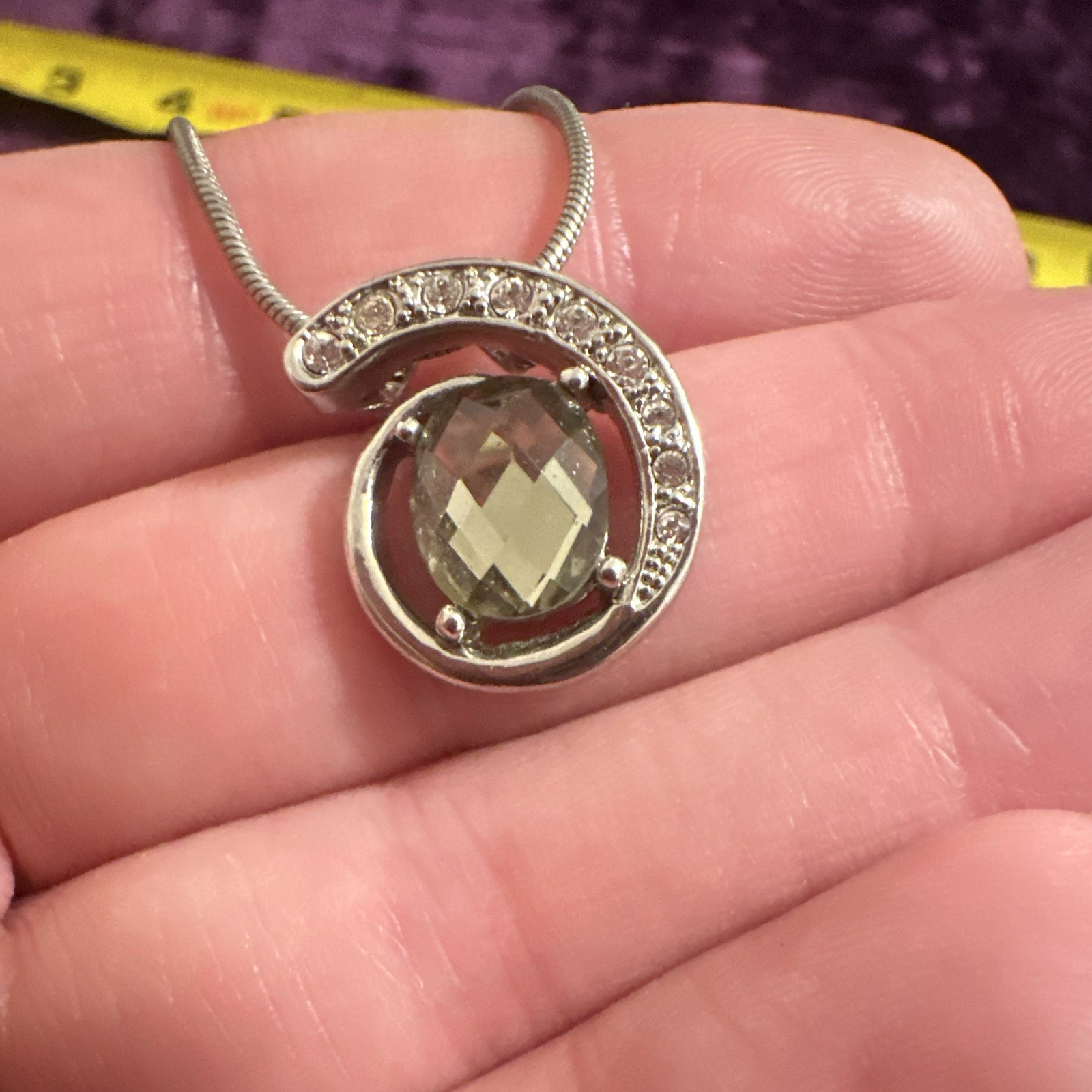 Lia Sophia Silver Tone Snake Chain Necklace w/ Gray Crystal Pavé Pendant