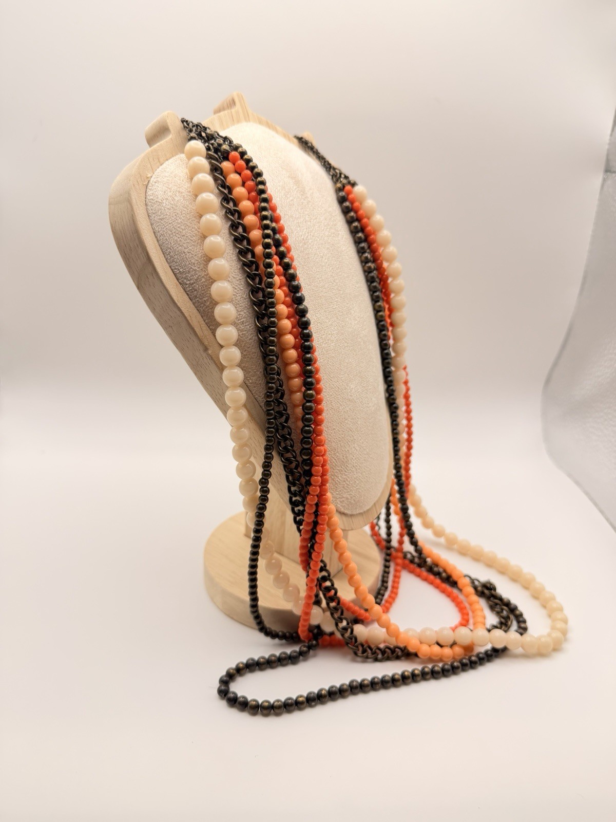 Layered Statement Necklace – Coral, Cream & Bronze Tone