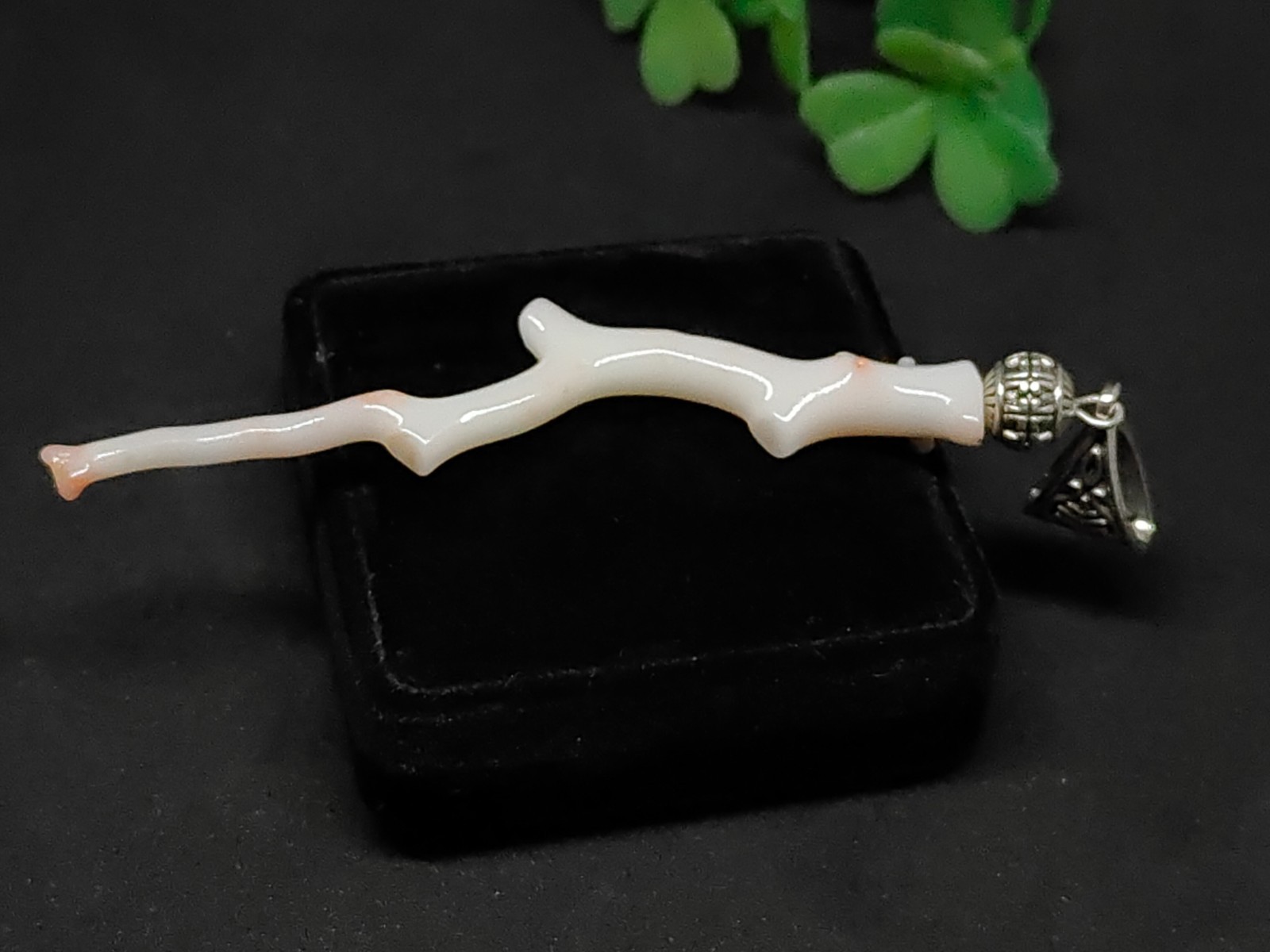 Large White Pink Stick Coral Branch Pendant: Silver Brass & Natural Branch
