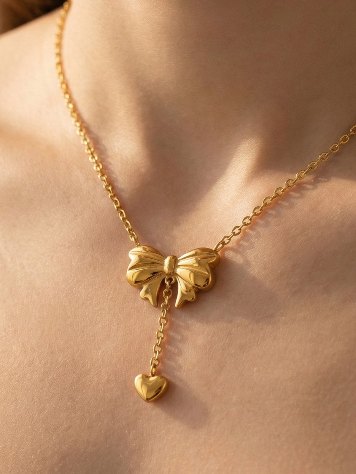 Gold Tone Stainless Steel Bow Heart Drop Pendant Necklace