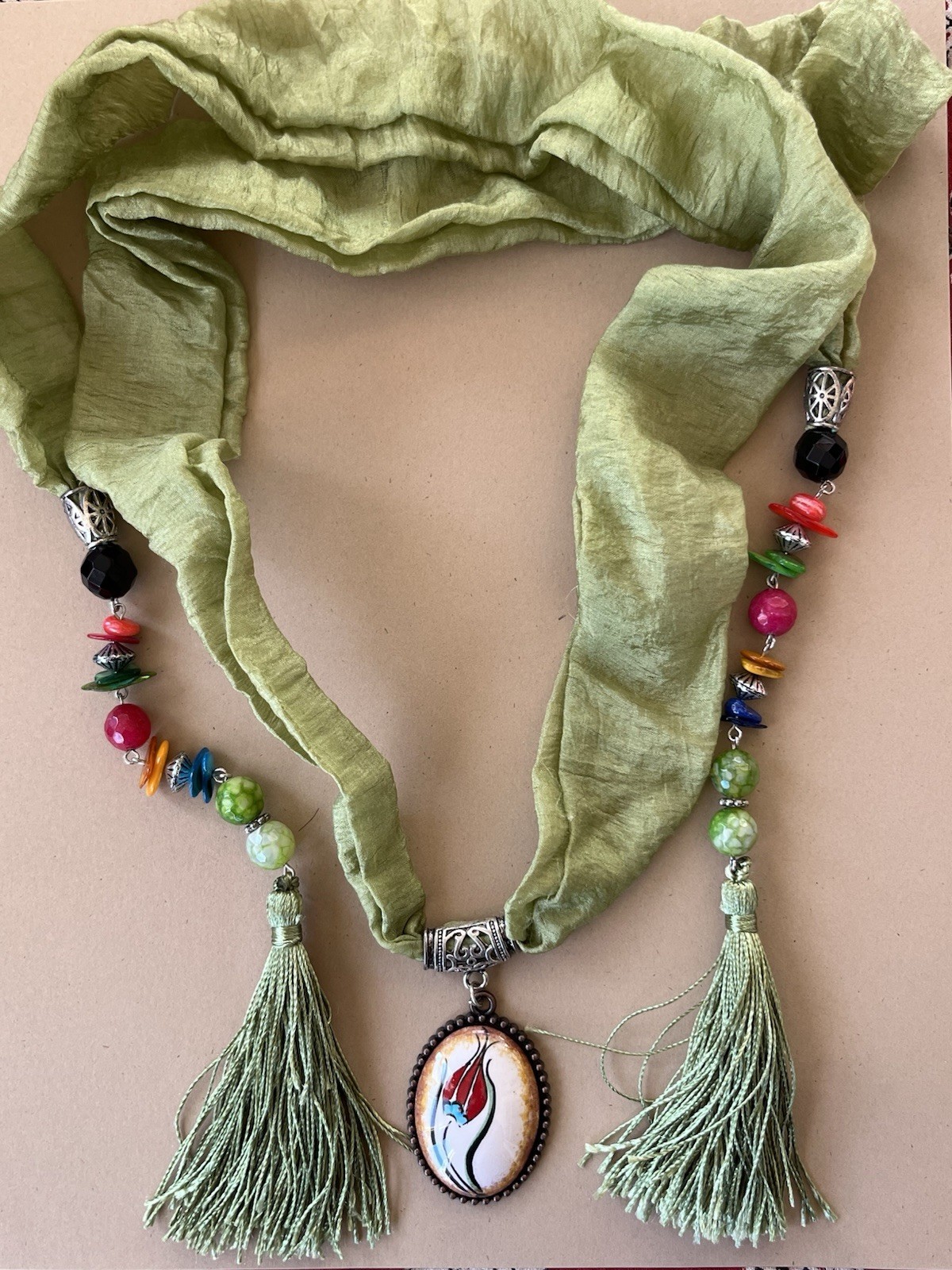 Ethnic Green Chiffon Beaded Scarf Necklace 1/12″ Floral Pendant Multicolor Beads