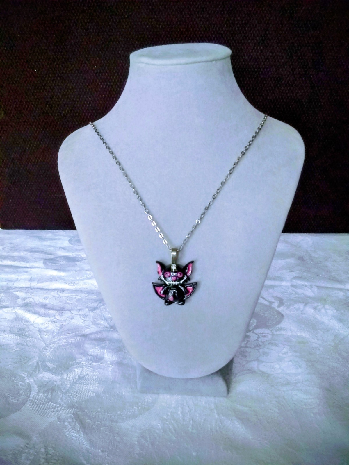 22 In Black Chain Necklace Black Cat Pink Accents Pendant Charm Lobster Clasp
