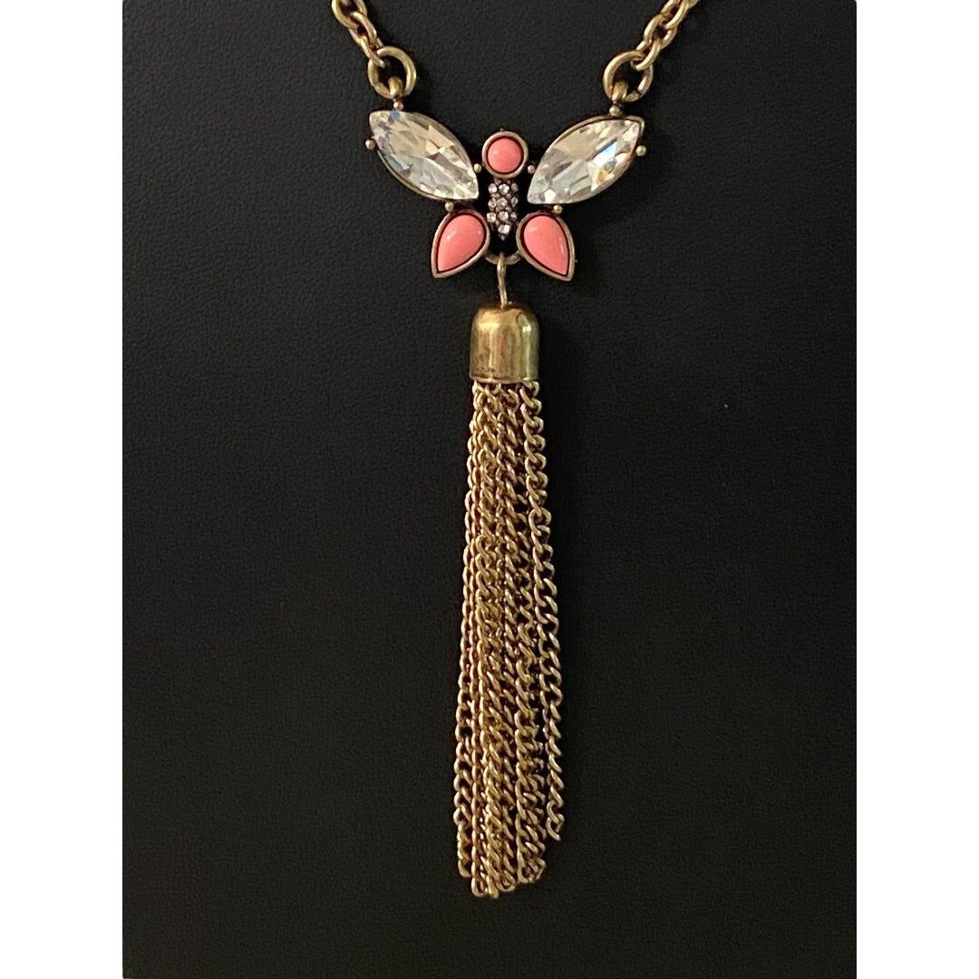 Goldtone Tassel Butterfly 31″ Necklace 3.75″ Drop Lobster Clasp