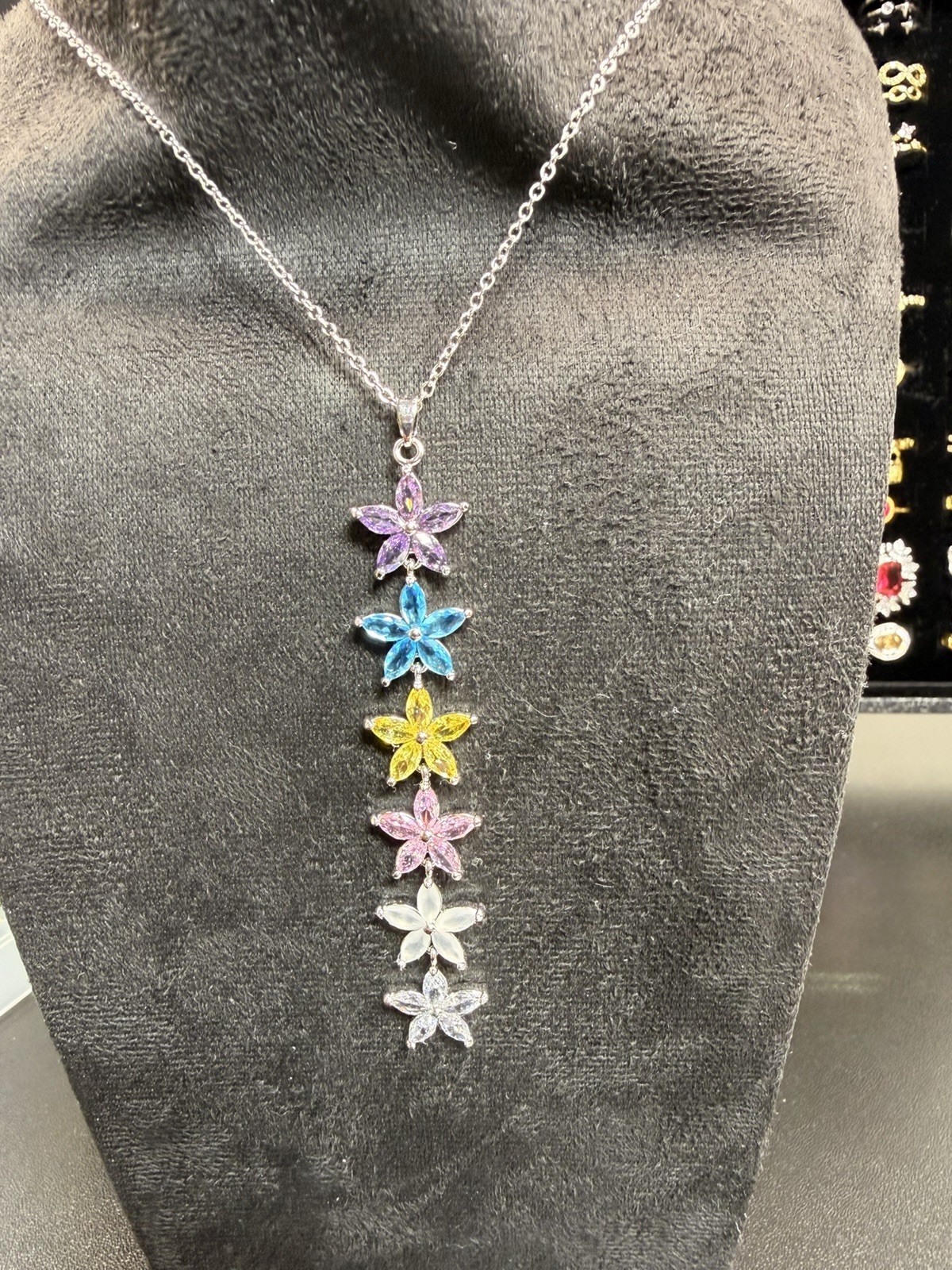 White Gold Plated Multicolor Crystal Flower Charm Pendant Cable Chain Necklace