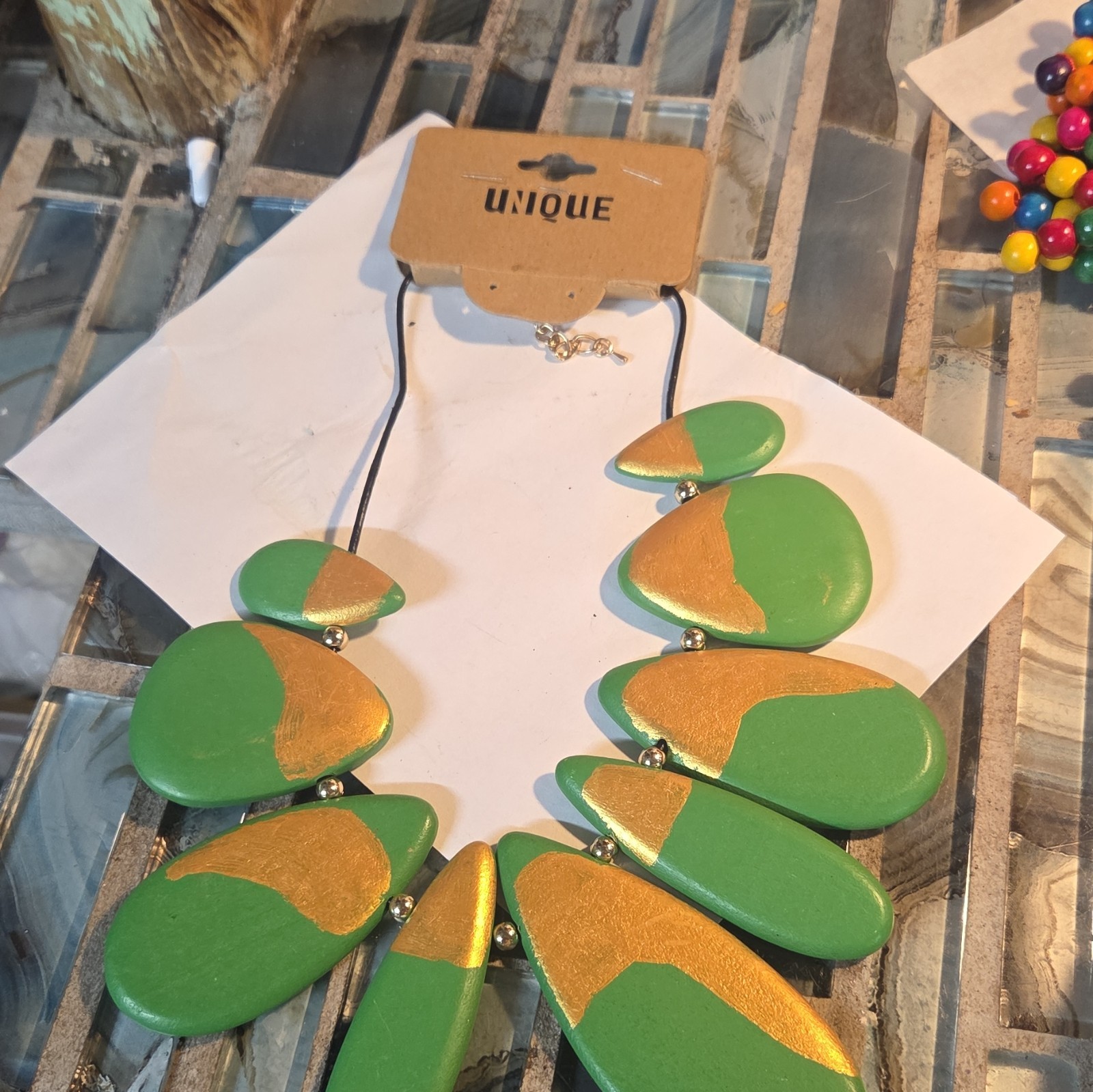 Unique Green Gold Painted Wood Statement Bib Necklace Cord Adjustable Lobster