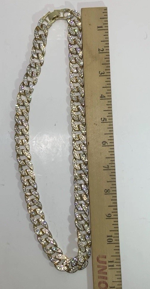 Cuban Link Ice Out Cubic Zirconia 11” Statement Necklace Hip Hop Rap Gold Tone