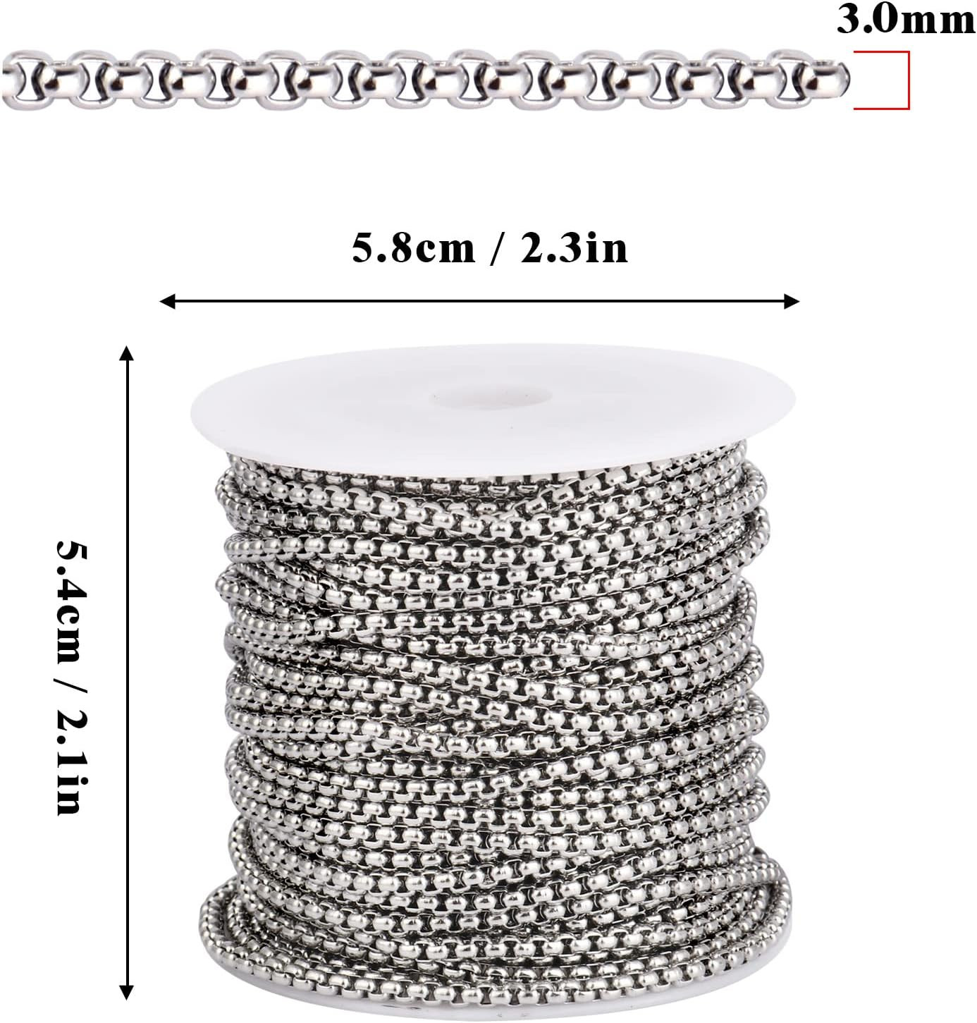 33 Feet Stainless Steel Rolo Box Chain, 3mm Wide 304 Stainless Steel Round Rolo