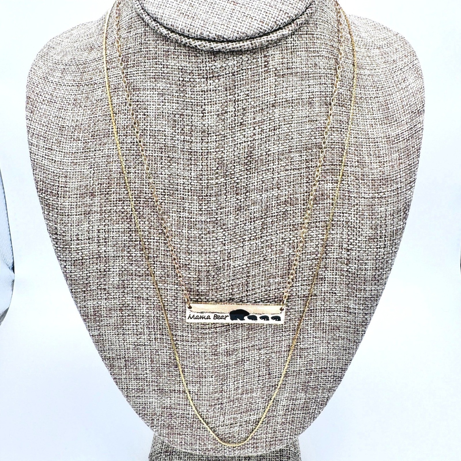 Mama Bear Bar Necklace Gold Tone Mother Family Pendant Jewelry Gift 18″ 24″