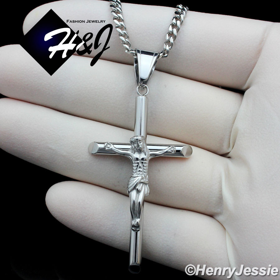 16″-36″MEN Stainless Steel 3mm Silver Cuban Curb Chain JESUS Cross Pendant*P116