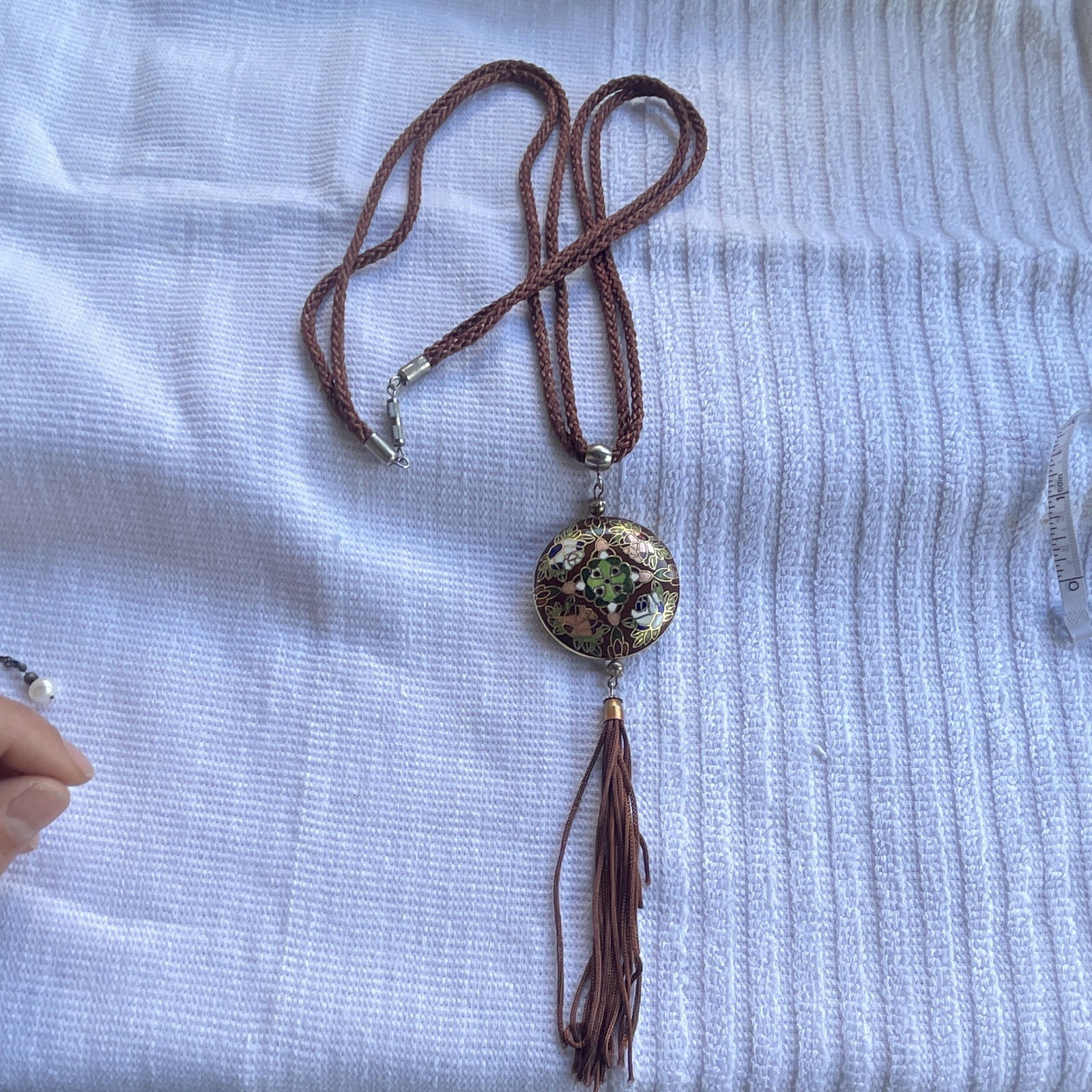 Brown Braided Cord Necklace Round Tassel Pendant, No Stone, Pendant Style