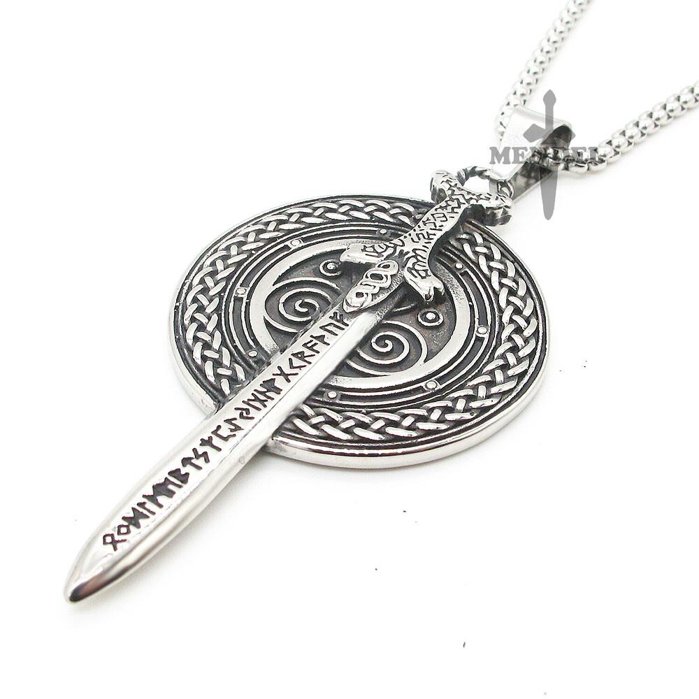 MENDEL Mens Stainless Steel Nordic Norse Viking Odin Shield Pendant Necklace Men