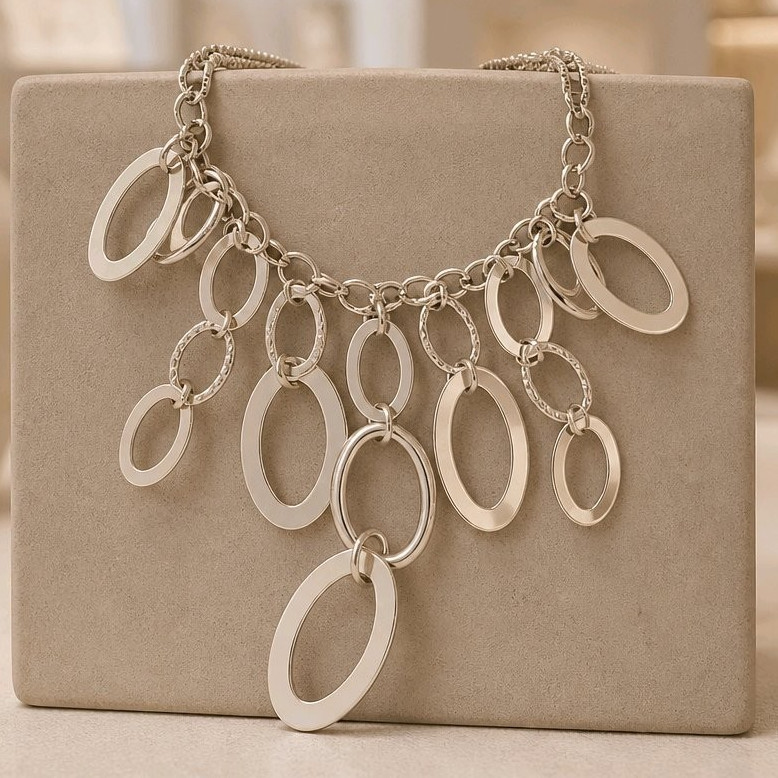 Silver Tone Statement Cable Chain Necklace Oval Charm Pendant Dangle