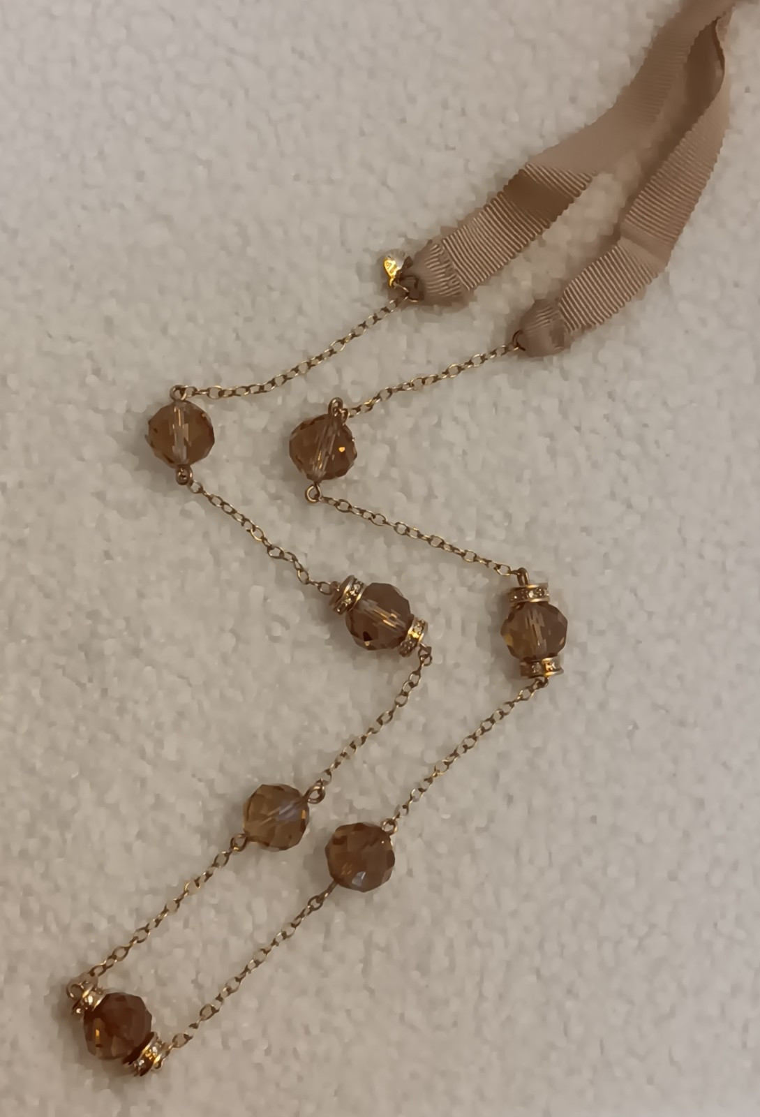 J Crew Goldtone Faceted Smoky Crystal Station Necklace Ribbon Closure 20-30 in