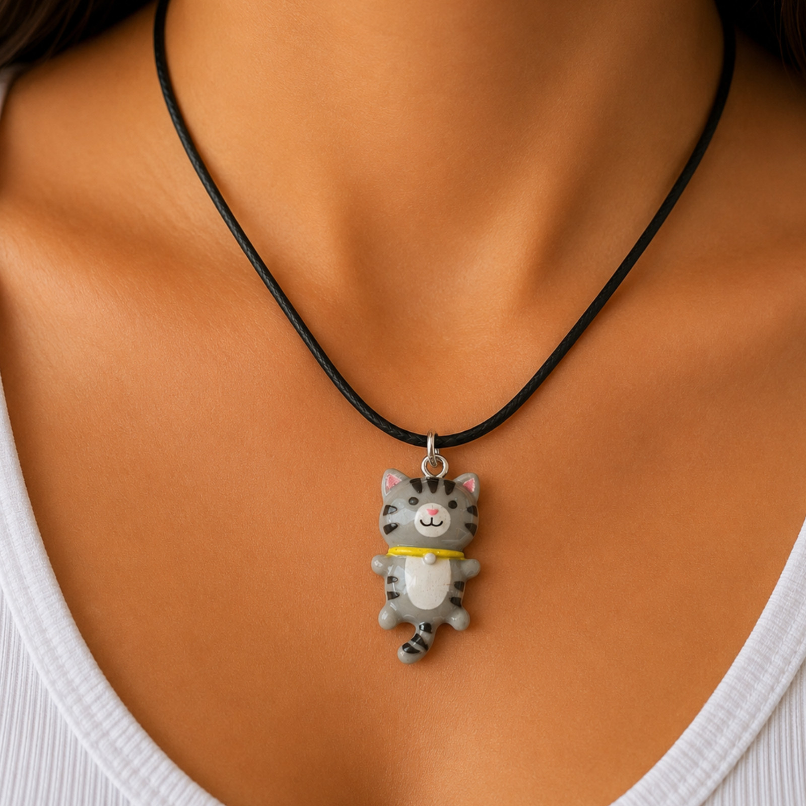 Gray Kawaii Cat Pendant Black Cord Necklace Cute Acrylic Kitty Charm Animal Gift