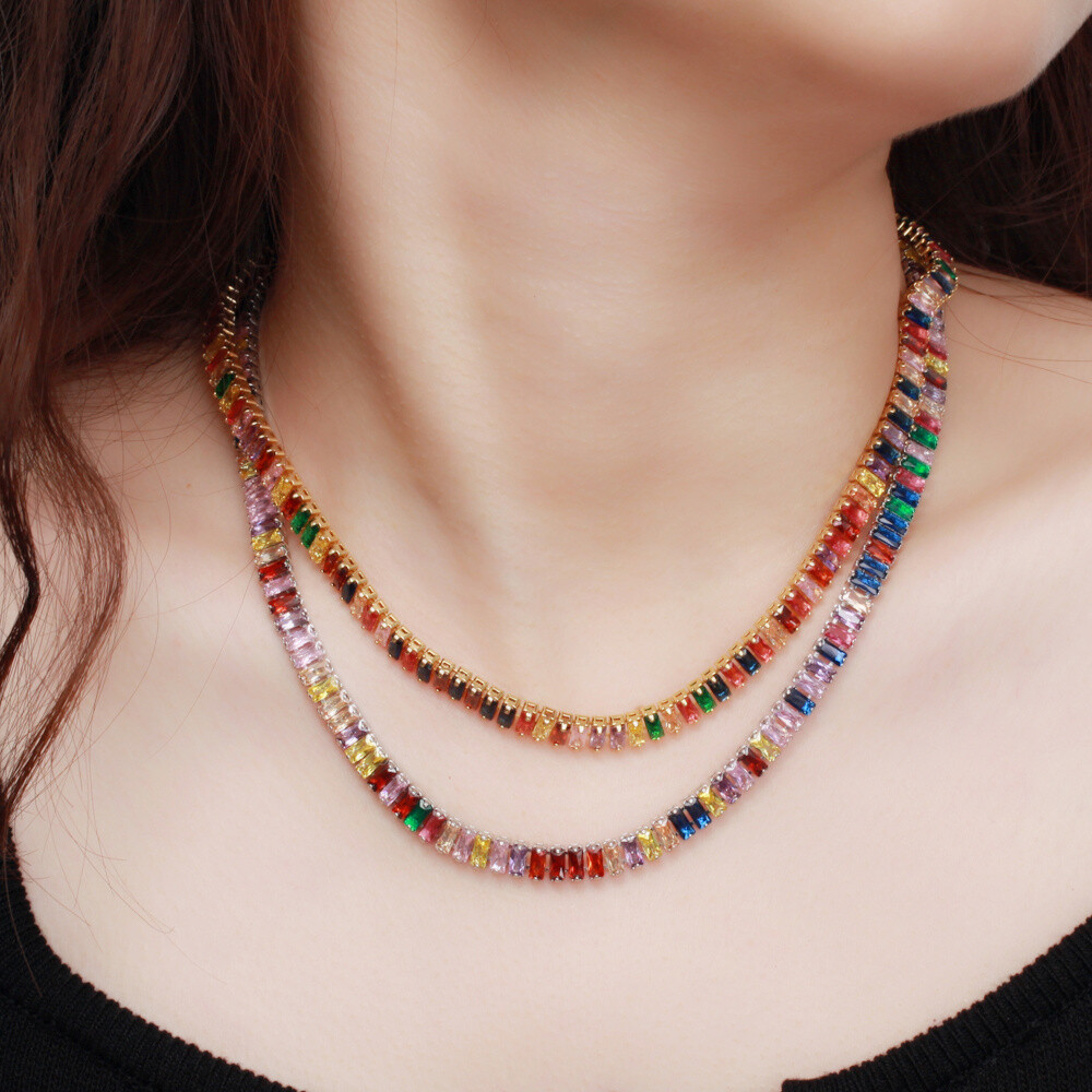 Colorful Rainbow Cubic Zirconia Tennis Necklace Gold Plated Women Bridal Jewelry