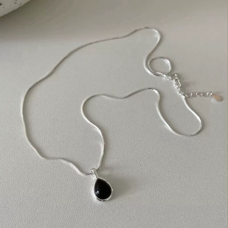 925 Sterling Silver Black Onyx Teardrop Pendant Necklace snake Chain 033