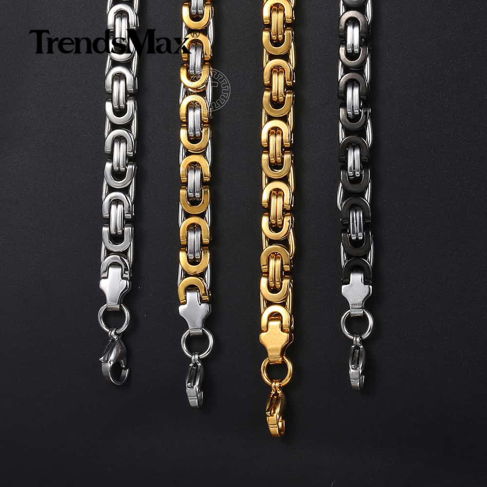 7mm 18-30″ Mens Chain Flat Byzantine Black/Silver/Gold Stainless Steel Necklace