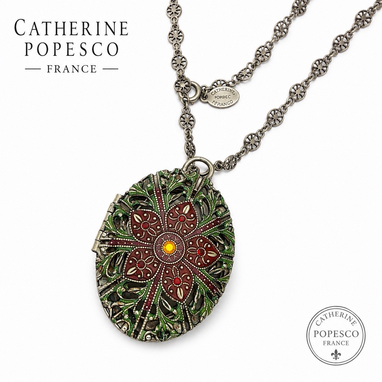 Vintage Catherine Popesco France Enamel Locket Necklace