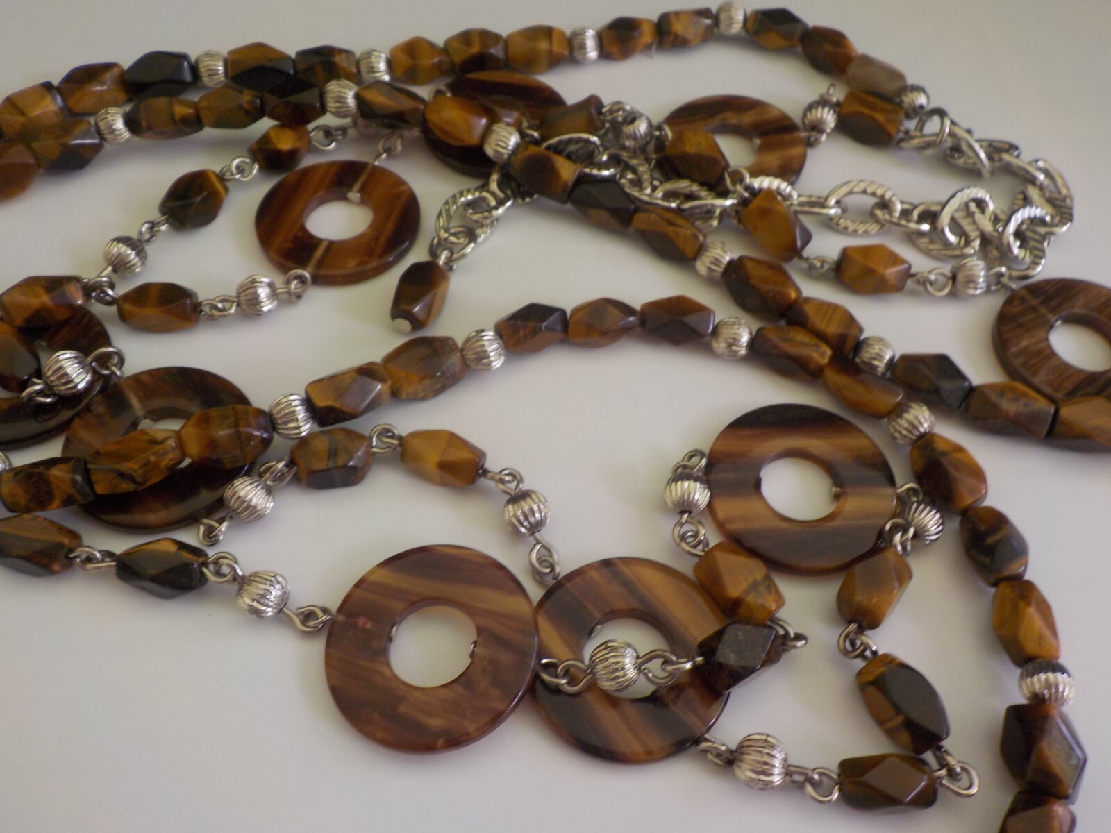 Tiger’s Eye & Plastic Round Double Strand Bead Necklace Long Brown Faceted