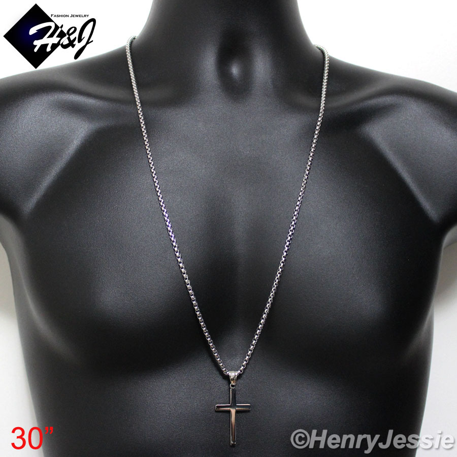 16″-30″MEN Stainless Steel 2mm Silver Smooth Box Chain Necklace Cross Pendant*SP