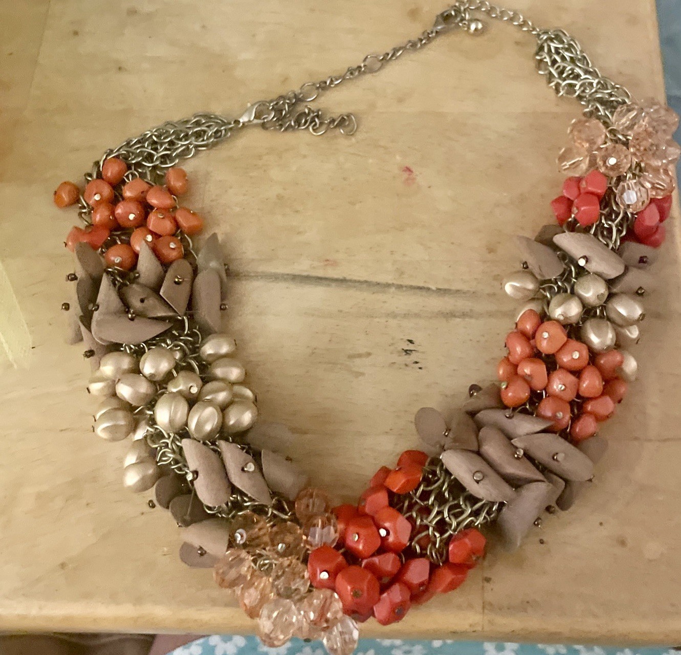 Chunky Bib Necklace Bronze Chain Coral Taupe Champagne Beads Boho Boutique