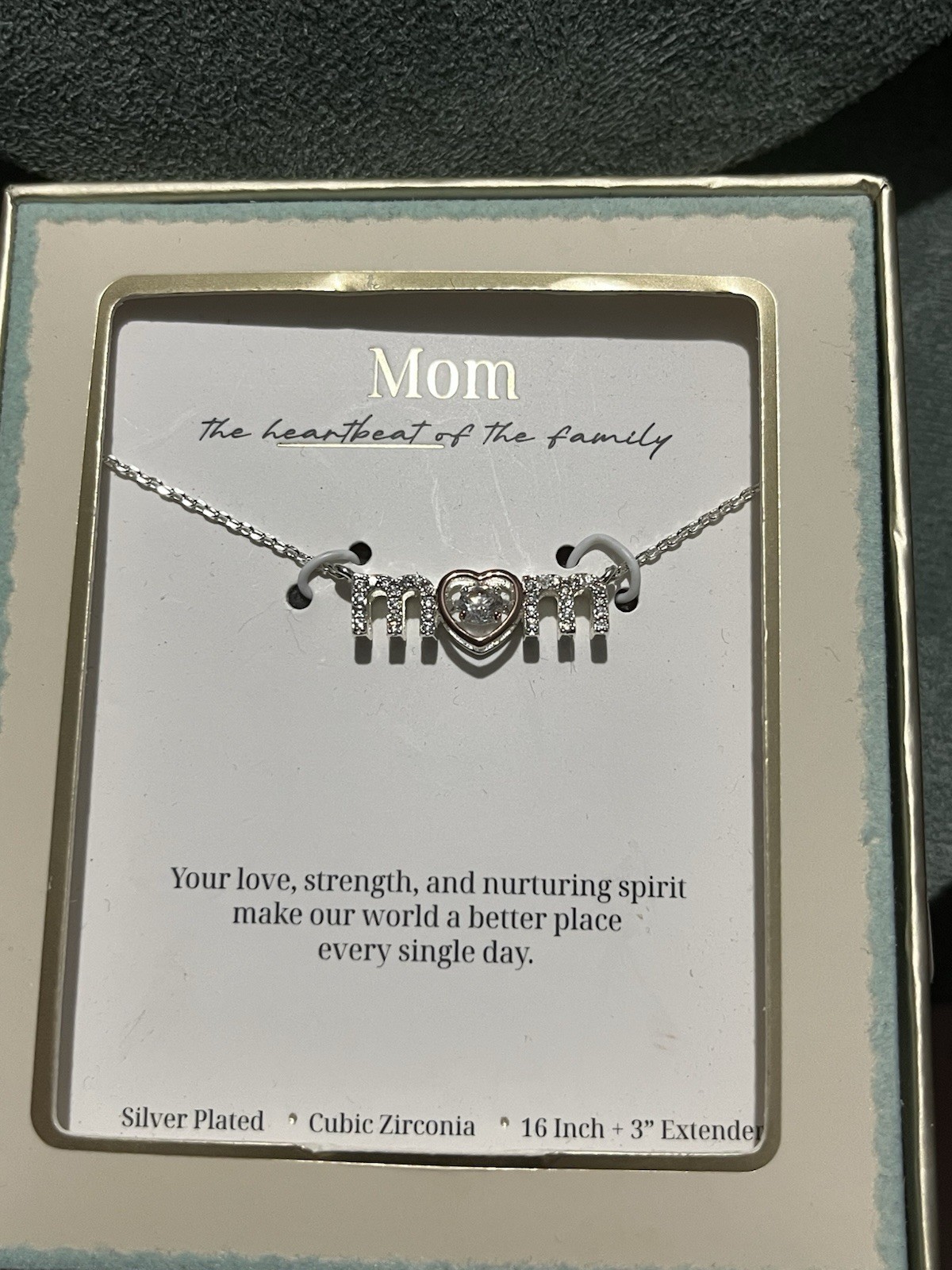Mom Heartbeat of the Family Silver Plated CZ Heart Pendant Necklace 16+3in Adj