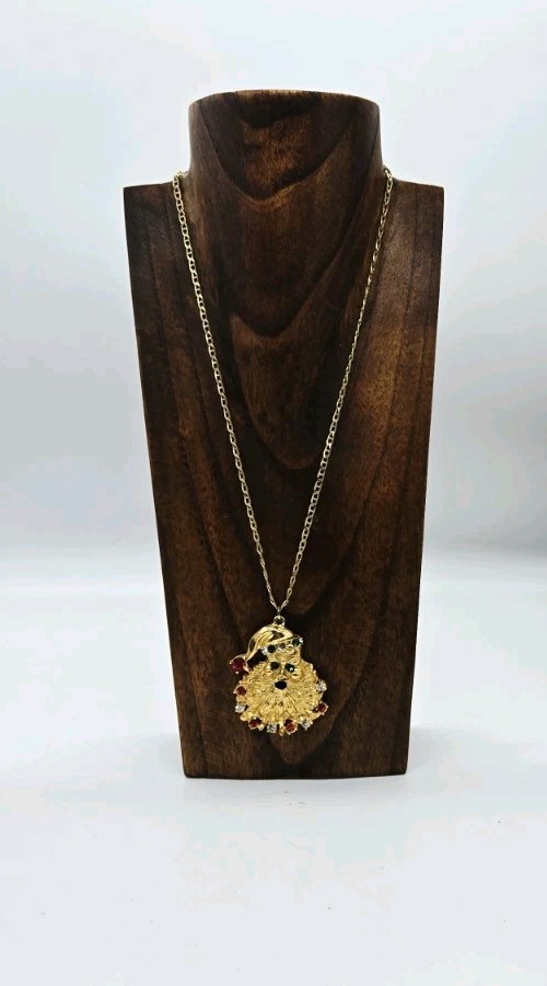 CHRISTMAS Santa Claus Pendant Necklace Gold tone Couture Holiday Gift 20 in
