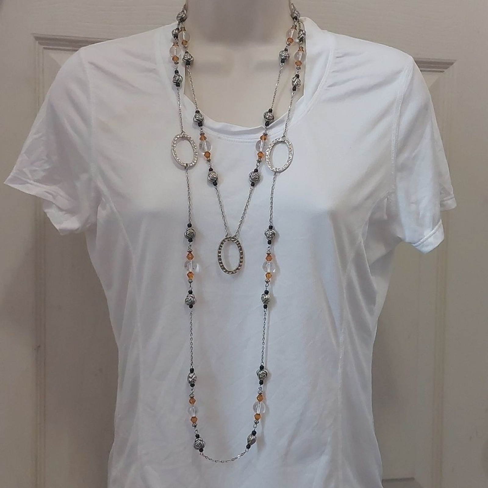 Station Style Extra Long Necklace with Lucite Plastic and Silver Tone Metal