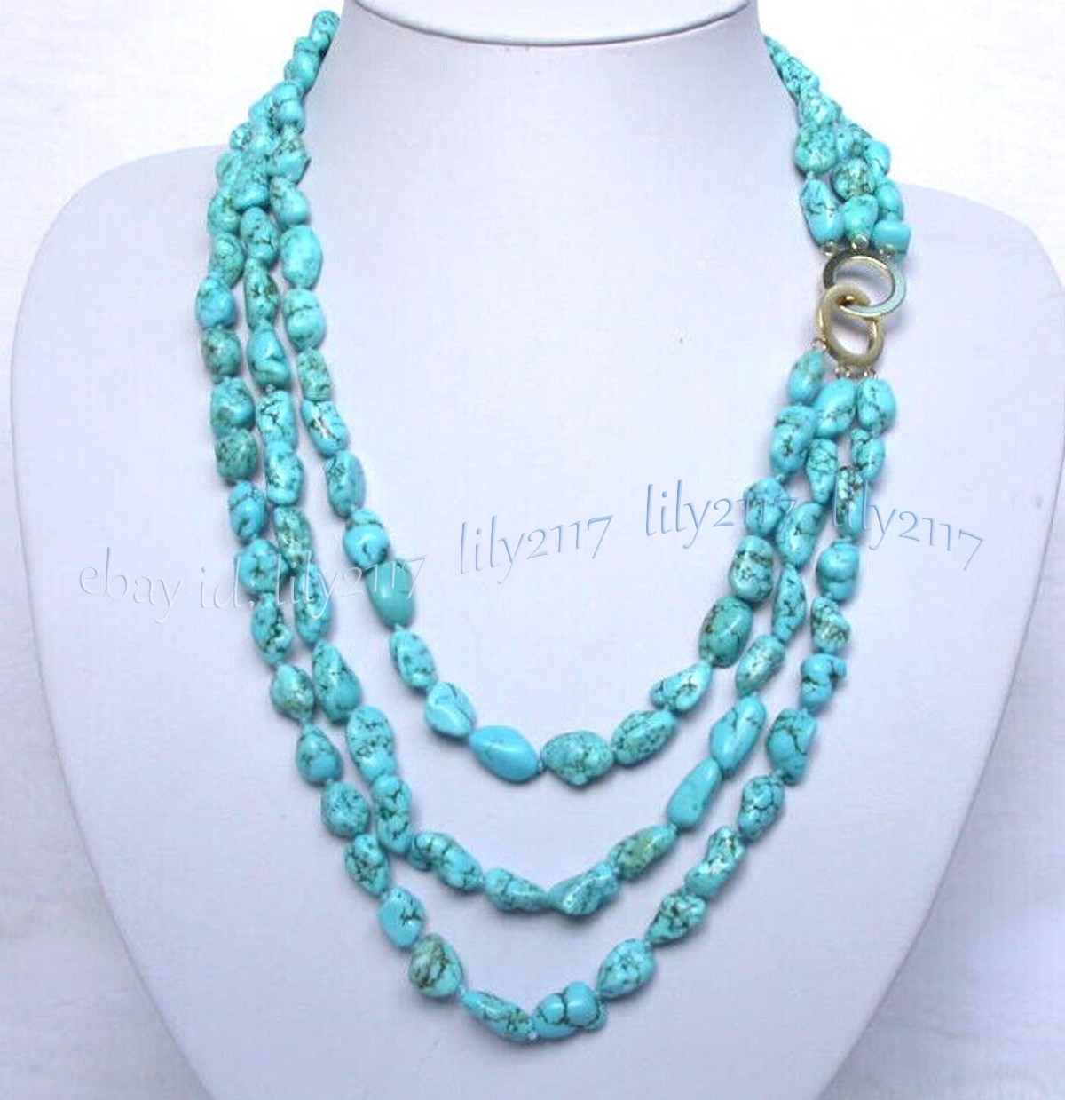 3 Rows Natural Irregular Nugget Turquoise Gemstone Beads Necklace 18-20” 8-12mm