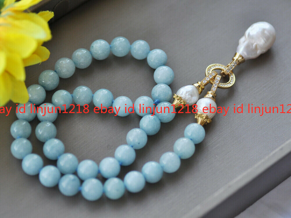 Natural 10mm Round Blue Amazonite White Keshi Pearl Pendant Beads Necklace 22”