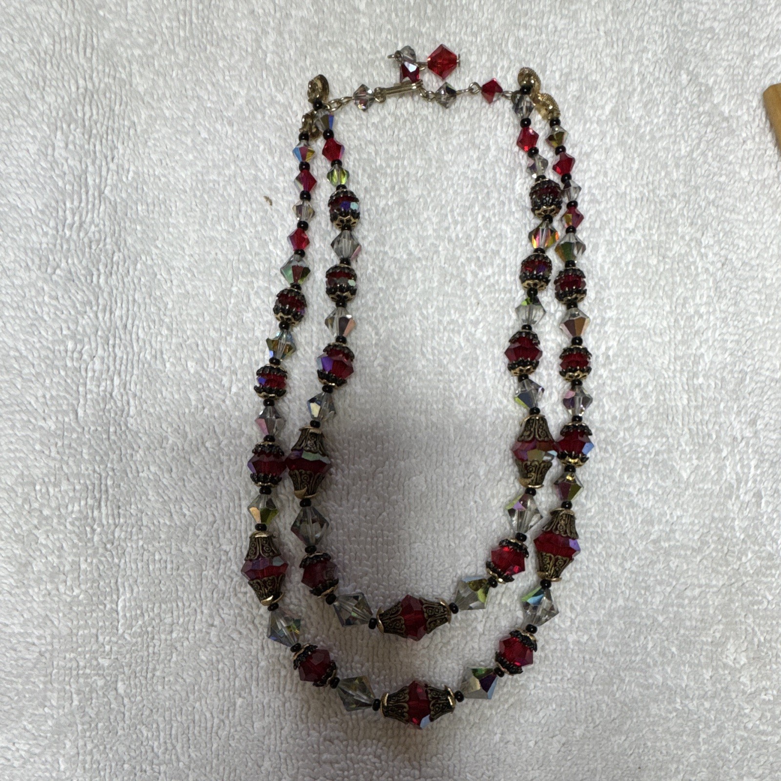 Layered Double Strand Red & Clear Austrian Crystal Bead Necklace Gold Tone