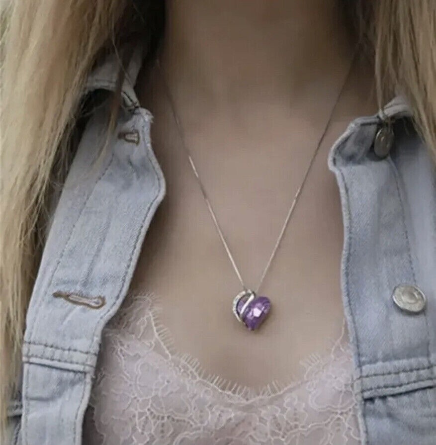 Birthstone Crystal Heart Shape Pendants Stainless Steel Necklace Women Girls