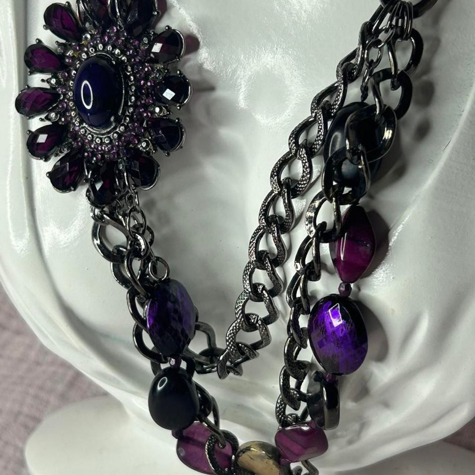 New York & Company Gunmetal Purple Rhinestone Statement Necklace