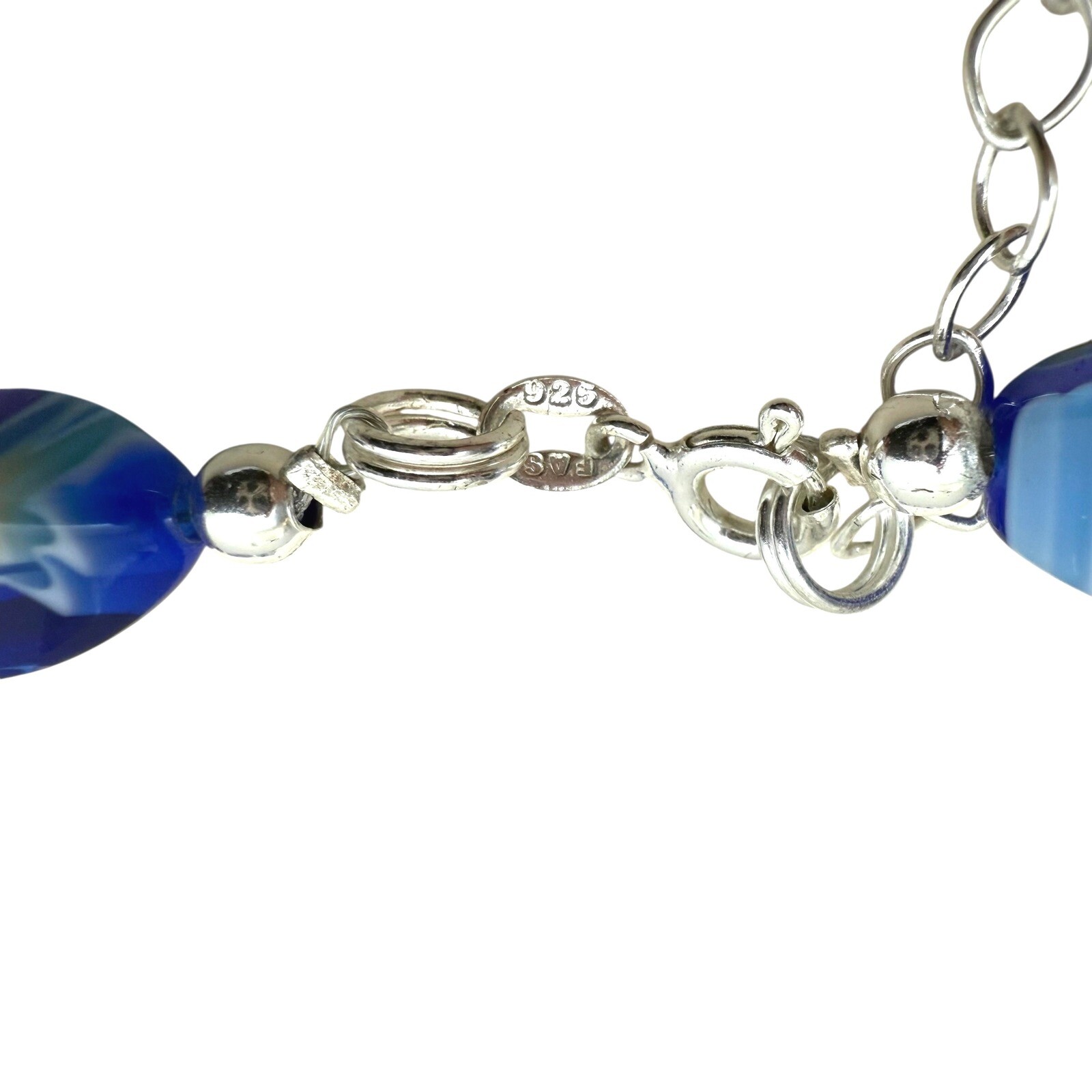 925 Silver Blue Floral Millefiori Glass Beaded Collar Necklace Accent 7.5 in L