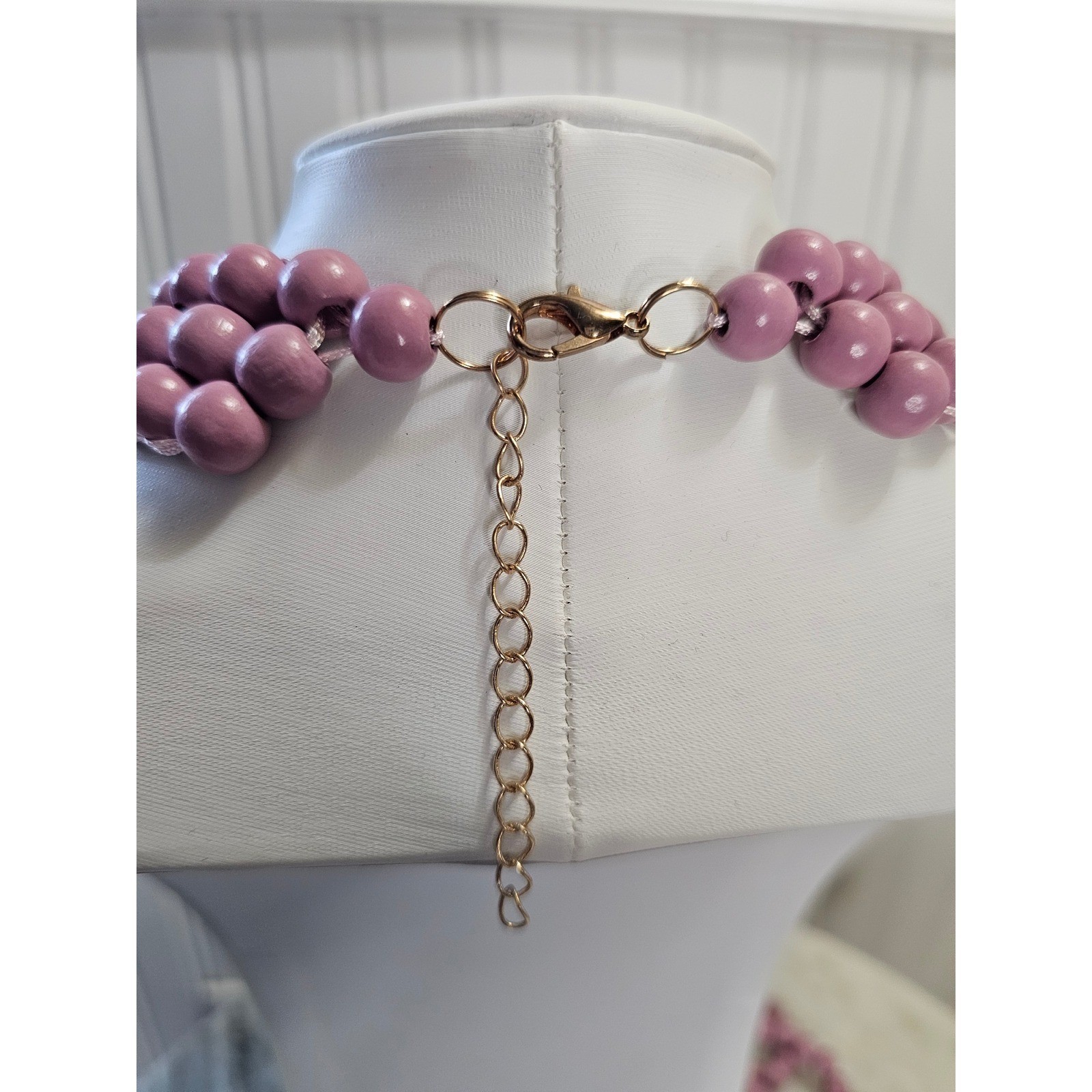 Layered Wood Beaded Bib Necklace Women Pink Statement Boho Maximalist Festival