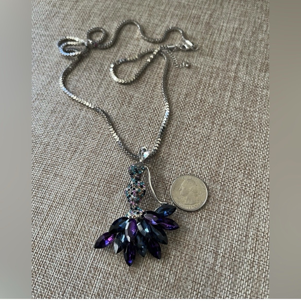 Silver Plated Box Chain Necklace Asymmetrical Dress Charm Pendant Purple Blue