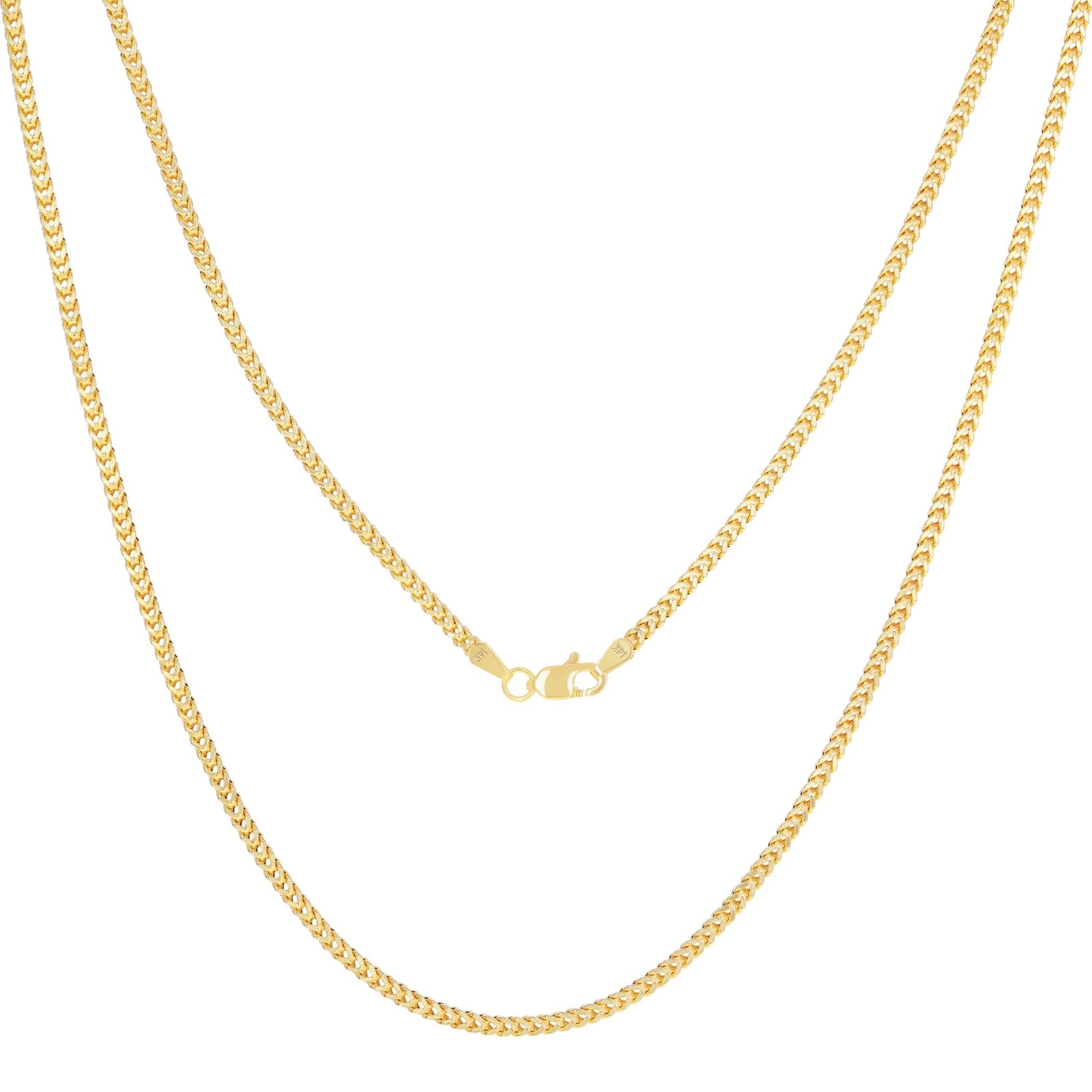 14K Yellow Gold 2mm Franco Box Wheat Foxtail Chain Necklace Mens Womens 16″- 24″
