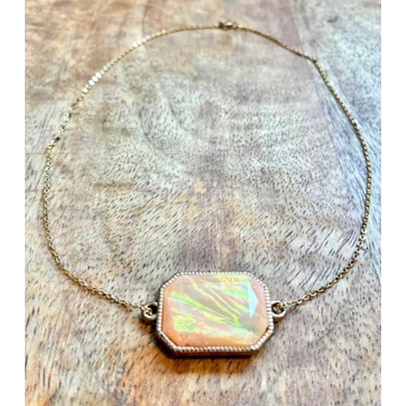 Gold Tone Dainty Iridescent Octagon Faux Opal Choker Necklace