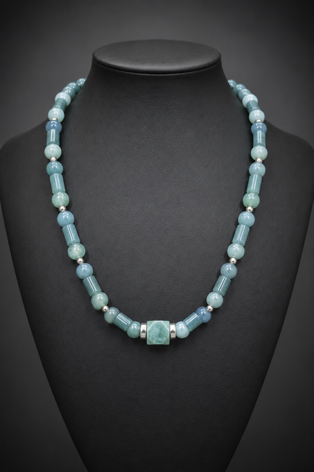 Guatemala Jade Beaded Necklace handcrafted geometric Center Sterling Silver 925