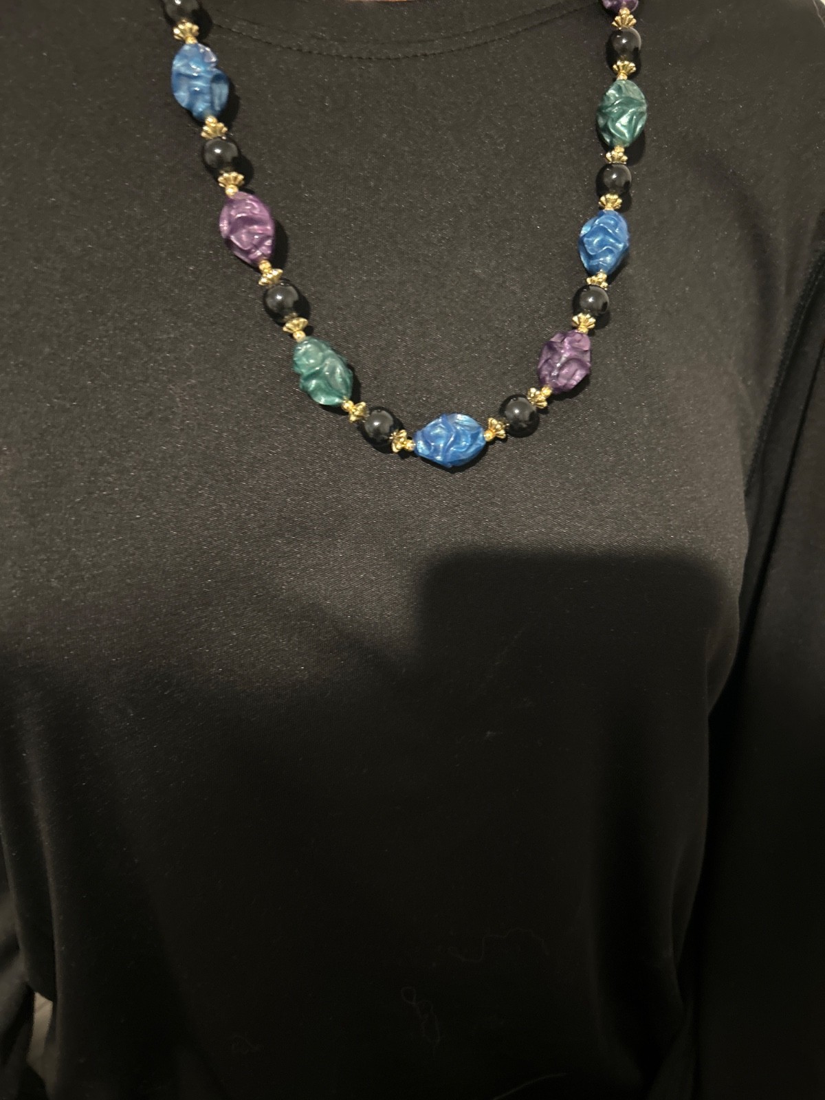 Multi Color Beaded Necklace with Gold-Tone Accents. 23” Purple Blue Green Black